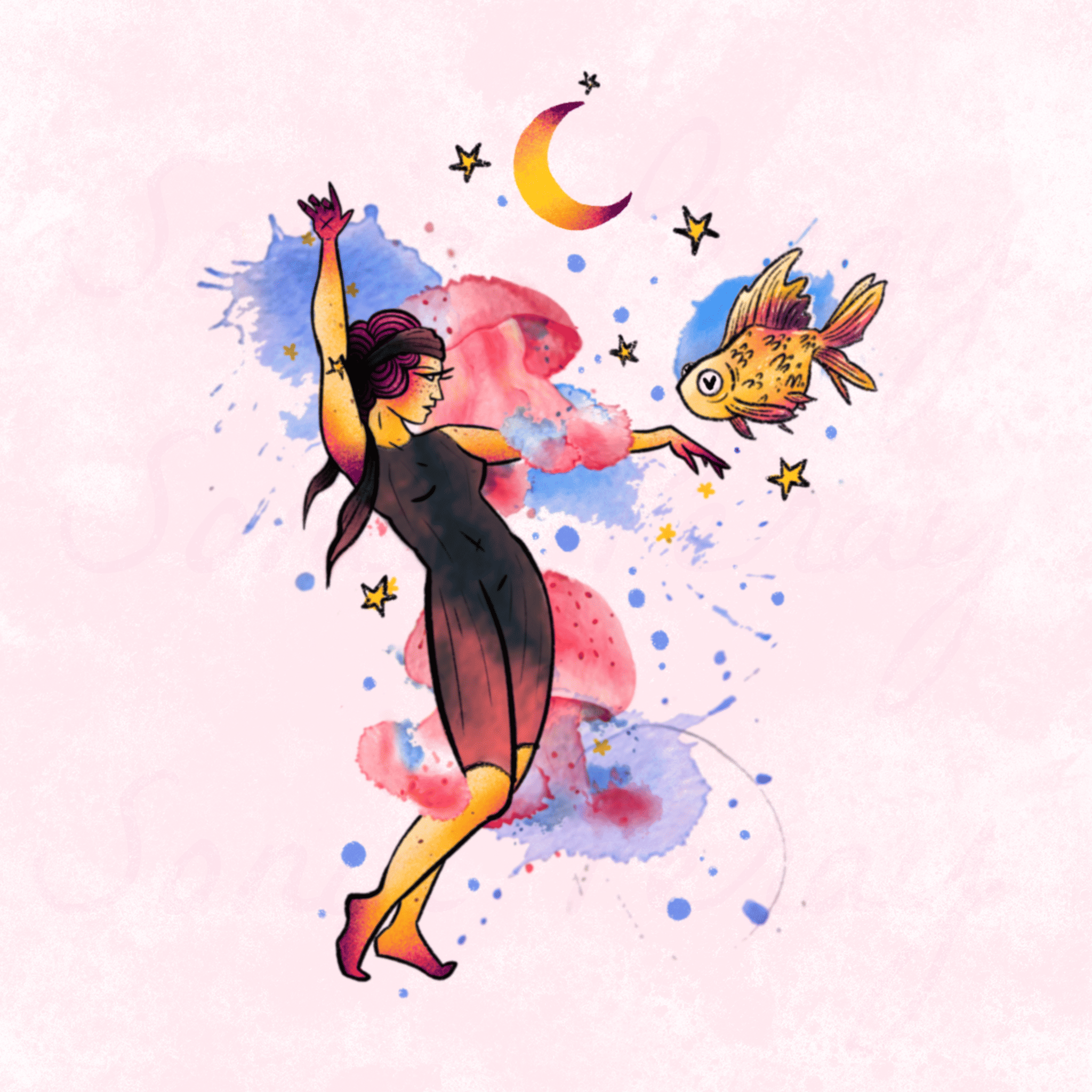 flash tattoo couleur danseuse avec méduses et poisson et aquarelle